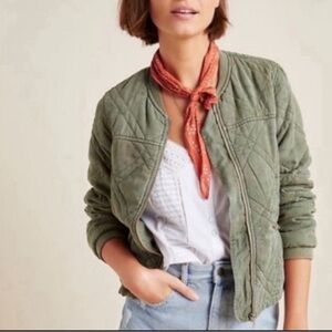 Anthropologie Army Green Quilted Bomber Jacket